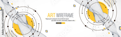 Abstract composition with wireframe wave, dots, and lines. Vector.