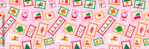 Christmas seamless pattern. Stamp post card, retro style winter holiday postage sticker collection, xmas celebration mail postmark, festive postal label, print for fabric, wrapping paper, textile