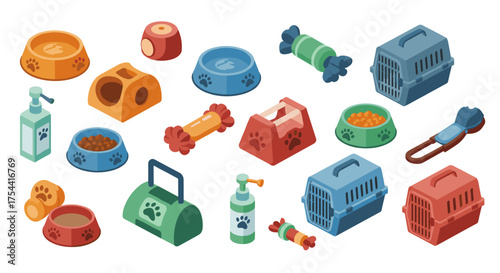 Colorful isometric pet accessories collection for cats and dogs