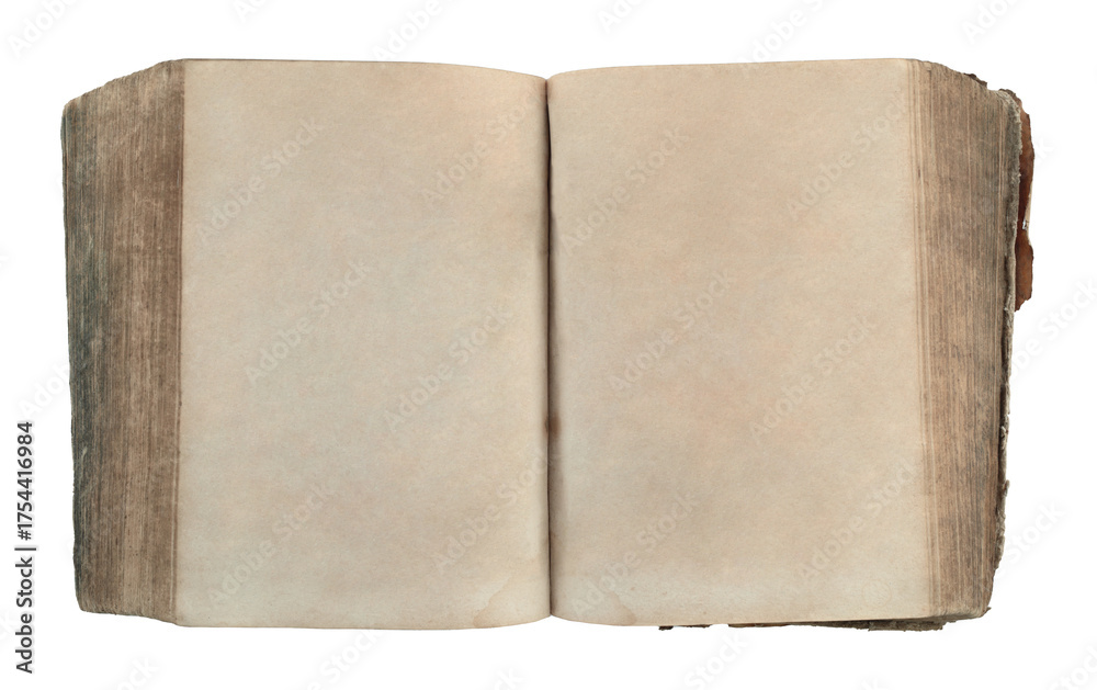 Naklejka premium Open antique book showing blank aged pages, isolated on transparent background
