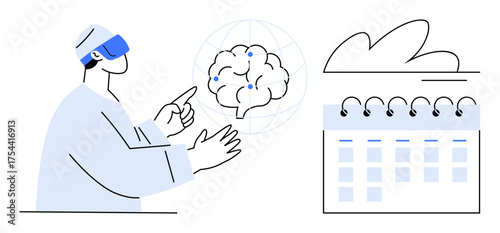 Person using VR headset gestures toward brain hologram alongside calendar. Ideal for technology, AI, planning, research, future, data visualization, creativity. Minimal flat metaphor