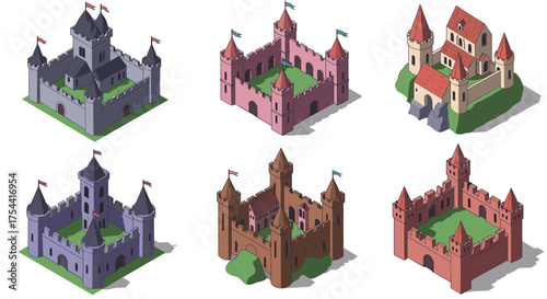 Medieval castles collection in isometric art style with turrets and flags