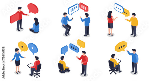 Isometric people engaging in conversation with speech bubbles