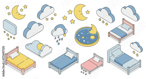 Cute isometric bedtime elements with moons, stars, and clouds