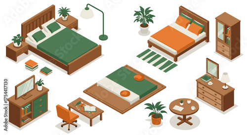 Isometric bedroom furniture set with beds, desks, and plants