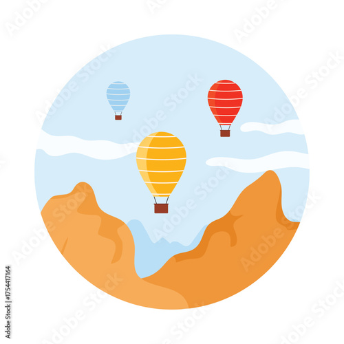Colorful hot air balloons flying above Turkish mountains with blue sky and clouds isolated vector illustration