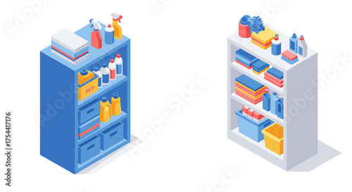 Isometric cleaning supplies on shelves: bottles, containers, and towels in organized arrangement