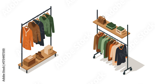 Isometric clothing racks with autumn wardrobe and accessories on white background