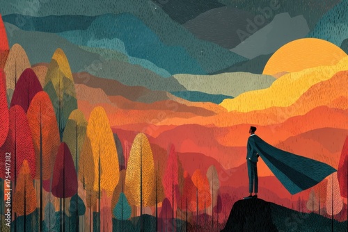 Illustration of a heroic figure observing a vibrant forest sunset scene