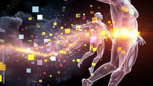 Human Body Dissolving into Digital Data and Energy.