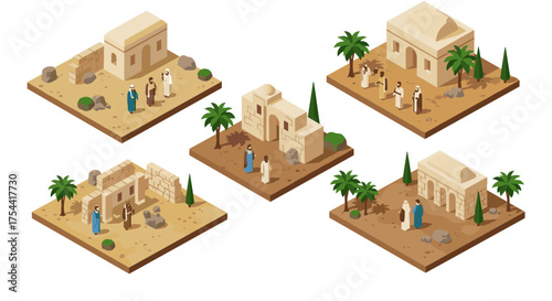 Isometric ancient middle eastern architecture with traditional figures and desert elements