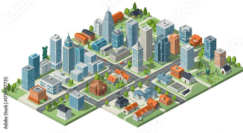 Isometric cityscape with skyscrapers and suburban houses in urban environment