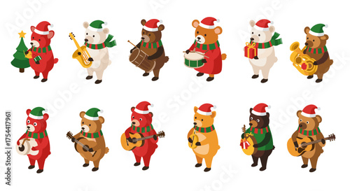 Festive bears playing instruments in isometric christmas design