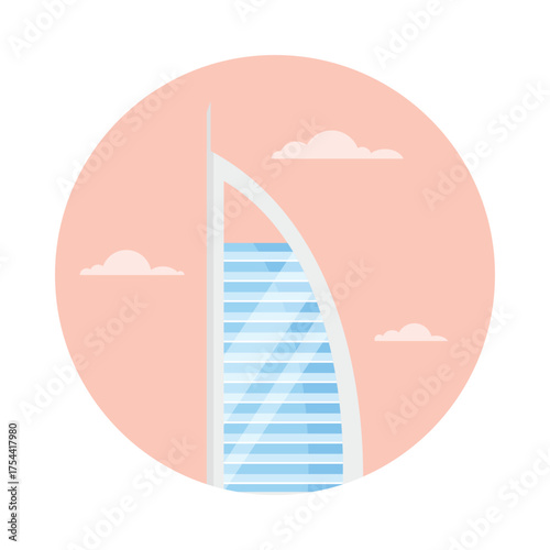 Minimalist isolated icon of famous UAE skyscraper with clouds and round background vector illustration