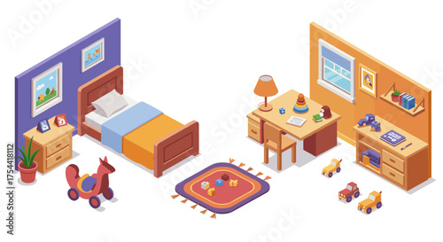 Cozy isometric children's room with toys and furniture in vibrant colors
