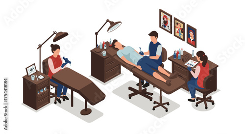 Isometric tattoo studio: artists at work in modern creative space
