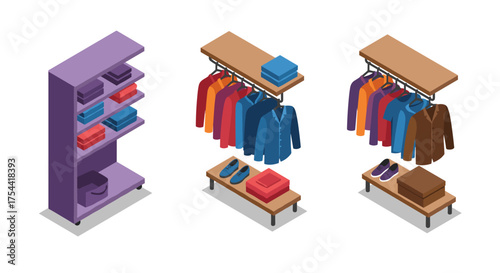 Isometric wardrobe and clothing display with shelves and racks