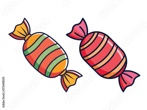Two colorful wrapped candies with striped patterns