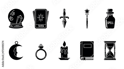 Mystical Divination: A collection of arcane objects including crystal ball, tarot cards, dagger, wand, spell bottle, pendant, ring, candle, book and hourglass.