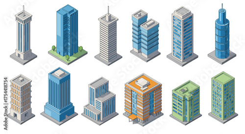Modern isometric high-rise buildings collection for architectural projects