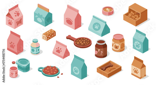 Isometric pet food packaging and snacks collection in pastel colors
