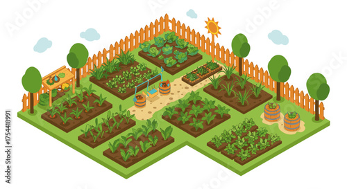 Isometric community garden with vegetables and wooden fence under a sunny sky