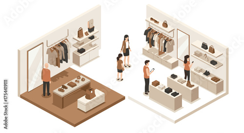 Modern isometric shopping experience with clothing and accessories display
