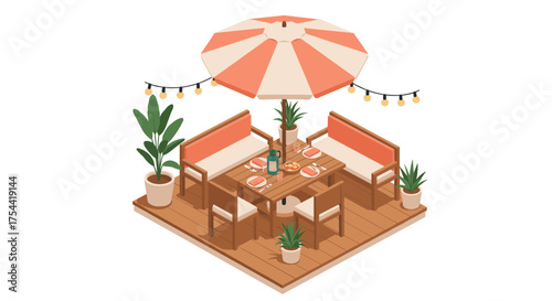 Cozy outdoor patio dining setup with umbrella and string lights