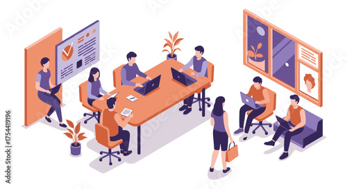 Wallpaper Mural Modern isometric office meeting with diverse team collaboration in creative workspace Torontodigital.ca