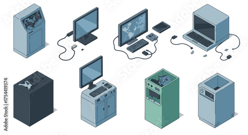 Retro isometric technology collection featuring classic video game console and computing devices