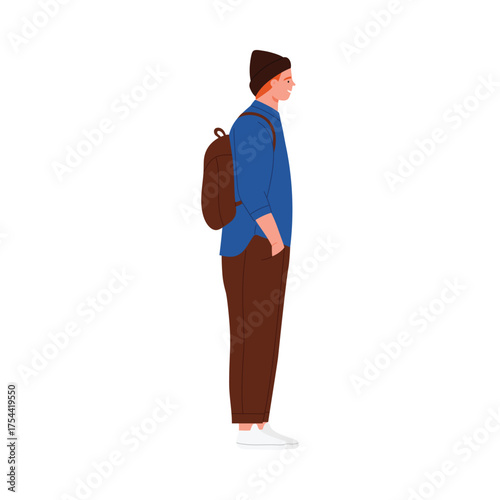 Side view of a young man standing patiently in a cafe line, casual style, isolated vector illustration