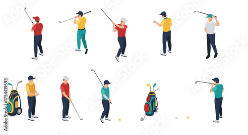 Isometric golf players in action: diverse poses and equipment collection