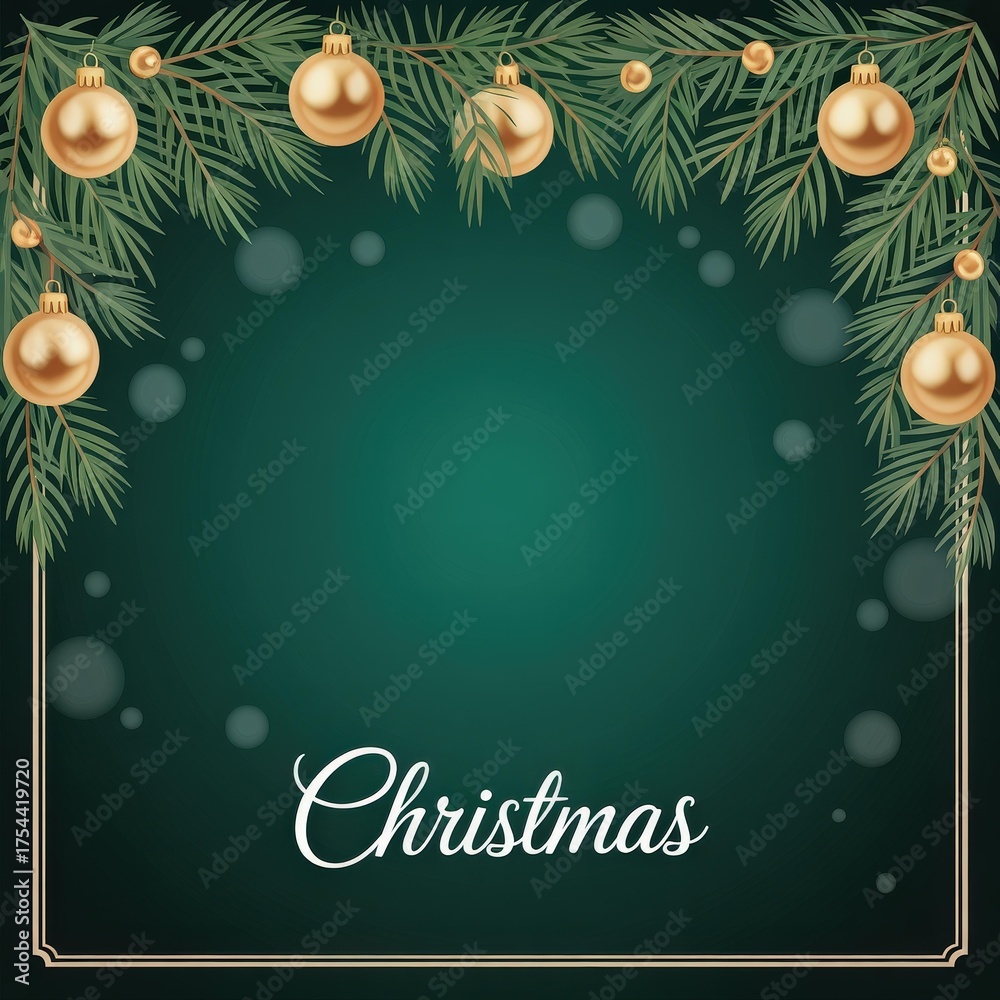 Naklejka premium Emerald Green Luxury Christmas Background — Gold Baubles & Pine Branches