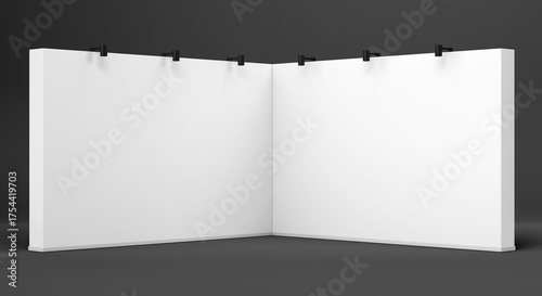 Fototapeta Naklejka Na Ścianę i Meble -  3D exhibition booth. White empty promotional stand with desk. Vector white empty geometric square. Presentation event room display. Blank box template. Isolated on black background