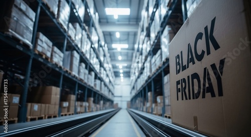 Black Friday retail rush concept. Warehouse with conveyor belts, Black Friday boxes. Commerce, shipping, sales, and shopping. Retail industry logistics backdrop.