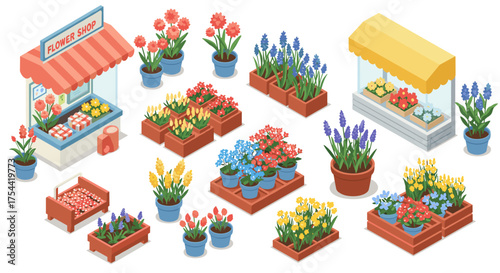 Isometric outdoor market stalls with colorful flowers and plants in pots