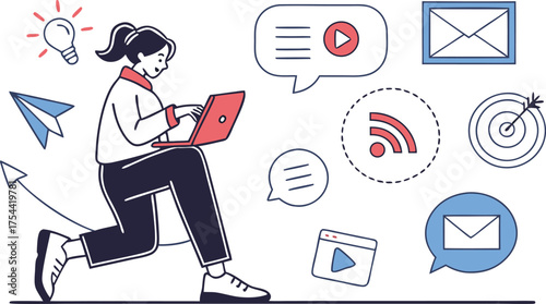 Dynamic Woman Working on Laptop Amidst Modern Communication Icons Representing Connectivity Innovation and Targeted Marketing Strategies for Success