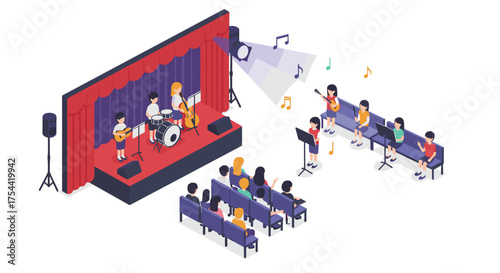 Isometric concert scene with school band performing on stage and audience watching