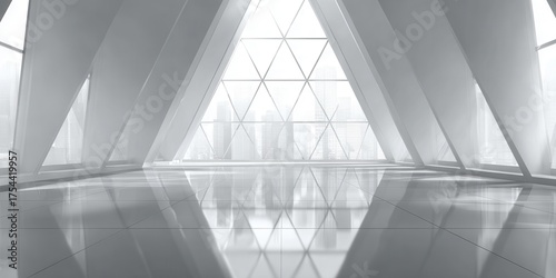 Futuristic Corporate Office Interior with Large Geometric Glass Windows and City View
