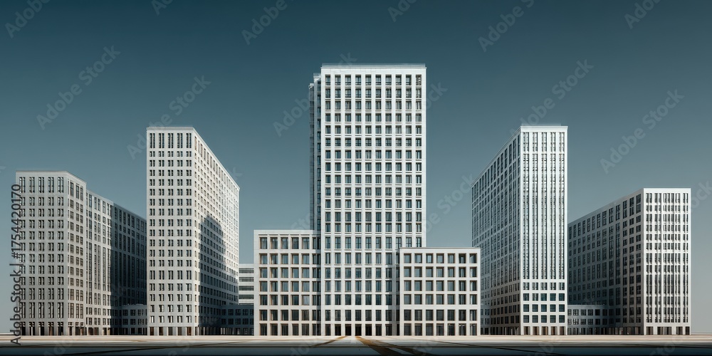 Fototapeta premium Modern Urban Office Buildings with Clean Minimalist Geometry Against Sky