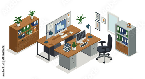 Modern office workspace with isometric furniture and technology elements