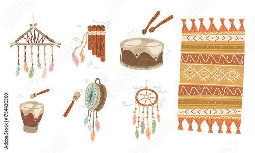 set of items from local tribes, including dream catcher, drum, carpet, wind instrument, tambourine. items for rituals. Flat, colorful illustration. Suitable cultural or educational projects, design.