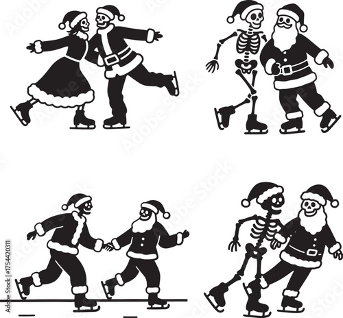Skeleton couple wear Santa Claus ice skating silhouette design
