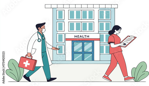 Healthcare Professionals Outside a Modern Health Facility Promoting Medical Services and Emergency Preparedness in a Clean Environment