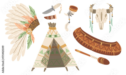 set of items from local tribes, including feathered hat, canoe, teepee, knife, animal horn mug, cow skull. Items rituals. Flat, colorful illustration. Suitable cultural or educational projects, design