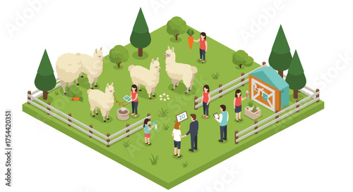 Isometric alpaca farm with visitors and carrots in a lush green landscape