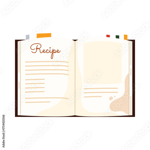 Simple open recipe book with blank pages and colored tabs, isolated on white background vector illustration