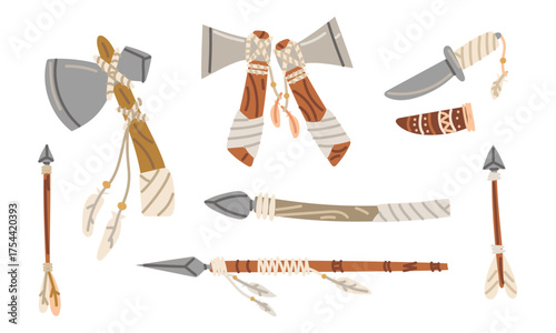 set of weapons from local tribes, including arrows, spear, an axe, knife with sheath, tomahawk. Items rituals and hunting. flat, colorful illustration. Suitable for cultural or educational, design.