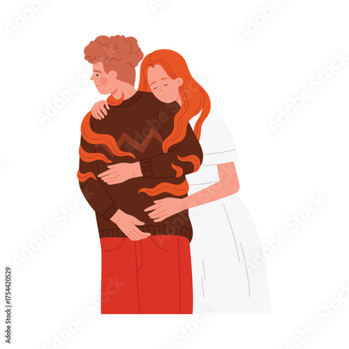 A woman clings to a man in a codependent relationship, showing emotional attachment on isolated vector illustration