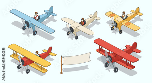 Collection of vintage airplanes with pilots and banner in isometric style